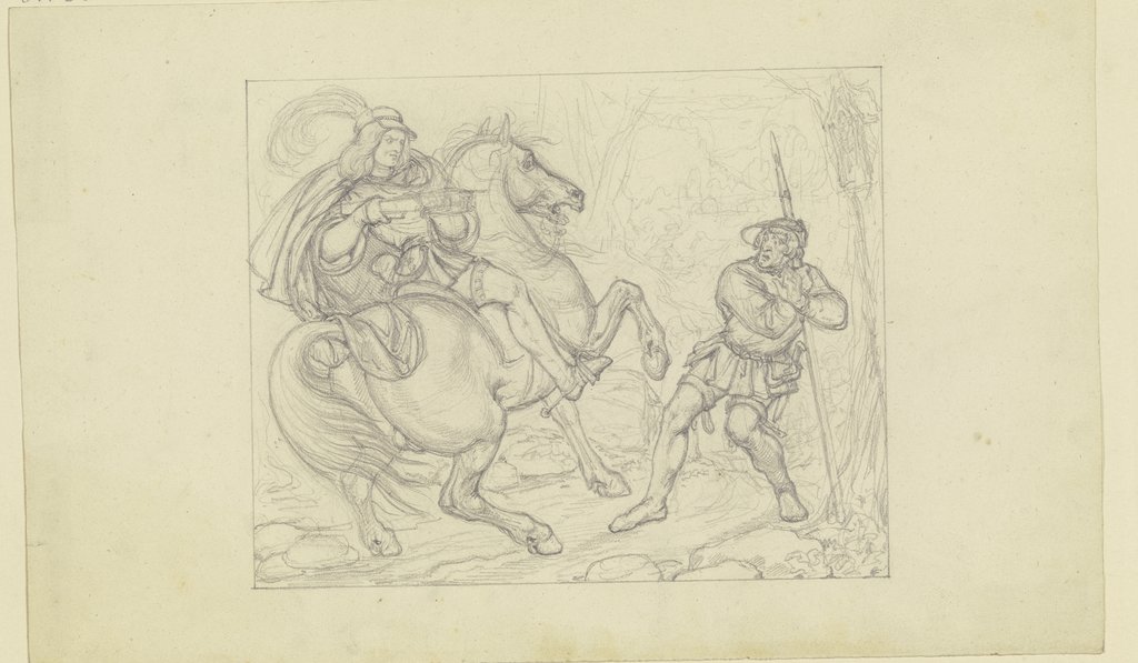 Ungedeutete Szene: Ein Ritter, einen mit einem Spieß bewaffneten Bauern an einem Bildstock mit der Armbrust bedrohend, Ferdinand Fellner
