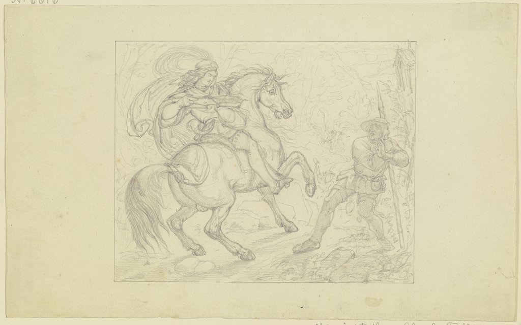 Ungedeutete Szene: Ein Ritter, einen mit einem Spieß bewaffneten Bauern an einem Bildstock mit der Armbrust bedrohend, Ferdinand Fellner
