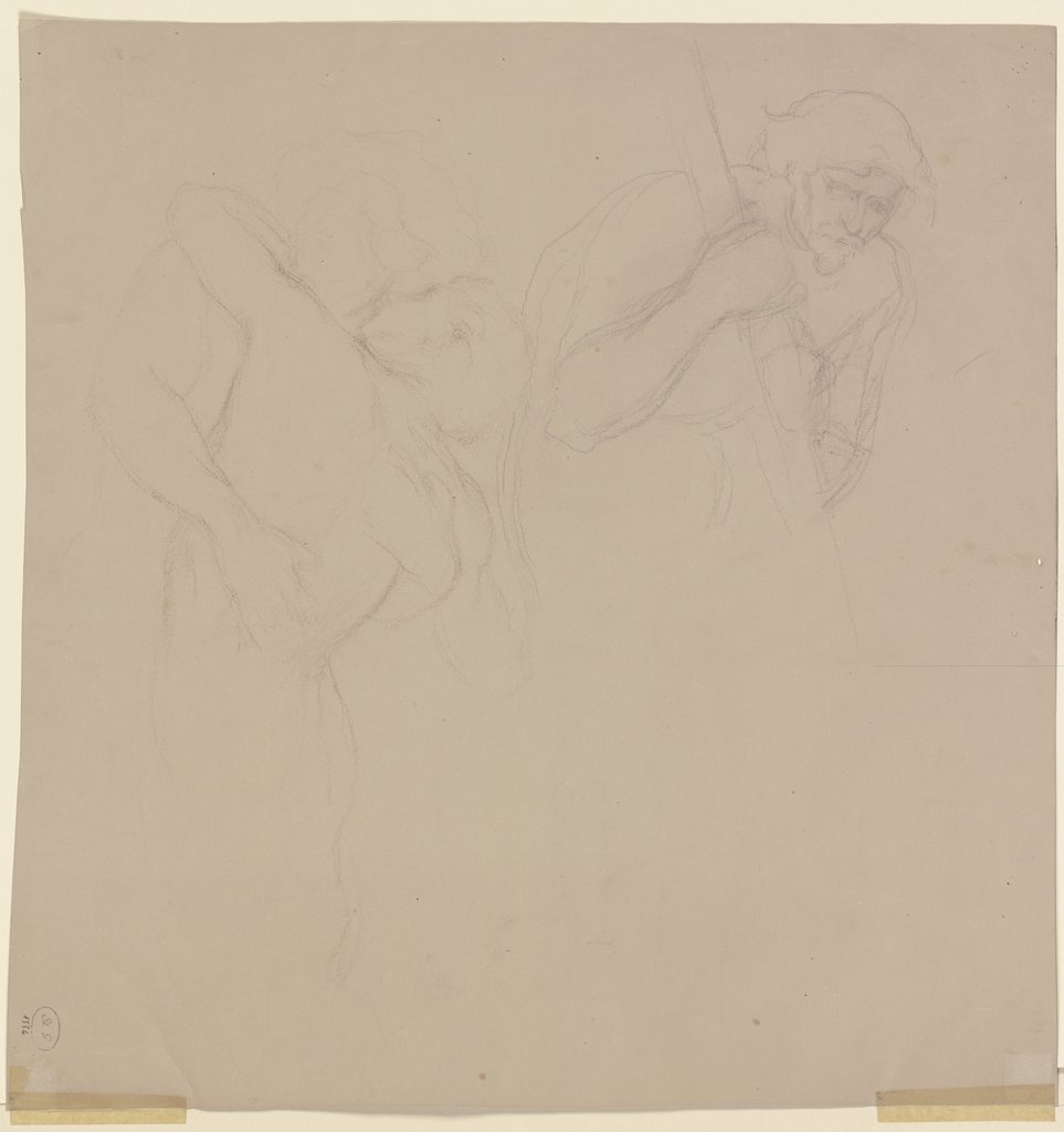 Links ein küssendes Paar in Umarmung, rechts ein gebeugter bärtiger Mann, eine Stange haltend, Victor Müller