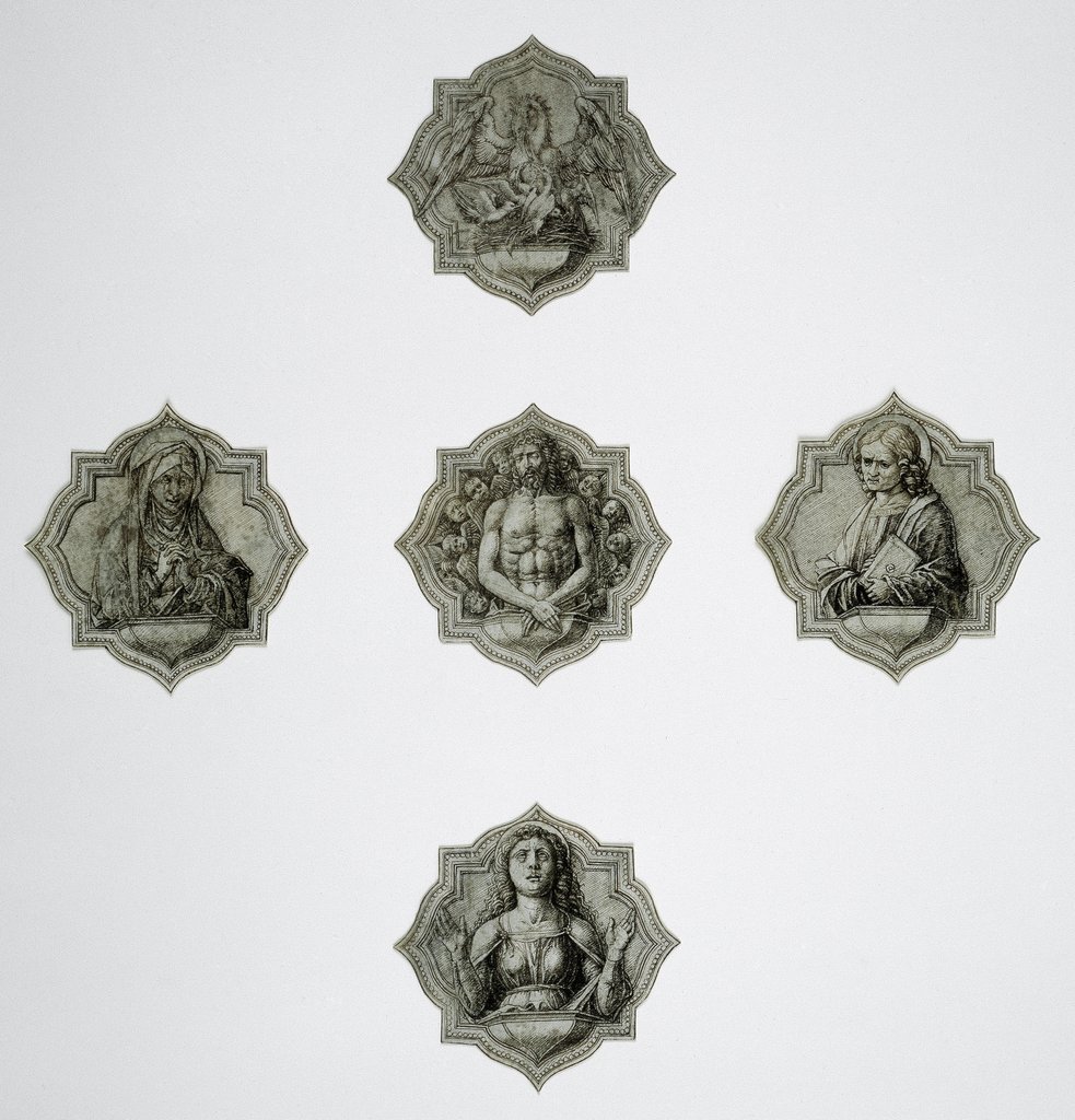 Fünf Vierpaßzeichnungen mit Christus als Schmerzensmann, Maria, Johannes, Maria Magdalena und einem Pelikan, Andrea Mantegna;   ?, Andrea Mantegna;  Umkreis