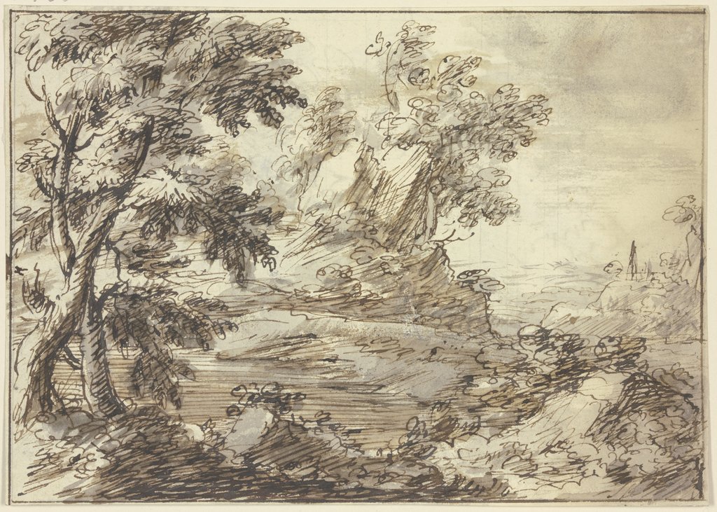 Bäume, im Vordergrund ein Fluss und Figuren, von denen eine in einem Boot steht, Italian, 17th century;   ?