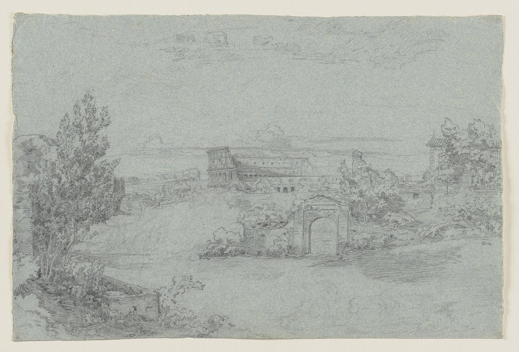 Landschaft mit Gebäuden und Ruinen, darunter der eines Amphitheaters, Ludwig Metz
