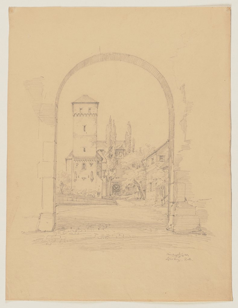 Blick durch einen Torbogen auf den Heidenturm der Nürnberger Burg, Ludwig Metz