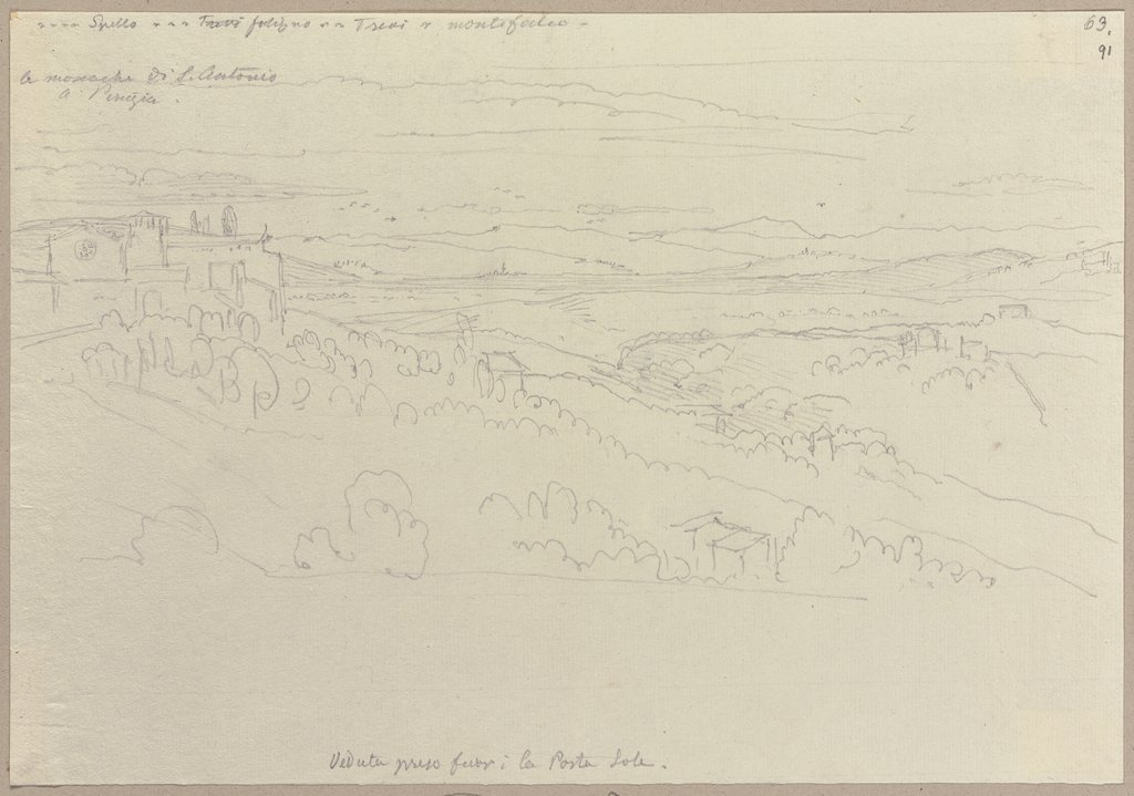 Aussicht auf das Umbrier Tal von Porta Sole aus auf das Nonnenkloster Sant'Antonio bei Perugia, Johann Anton Ramboux