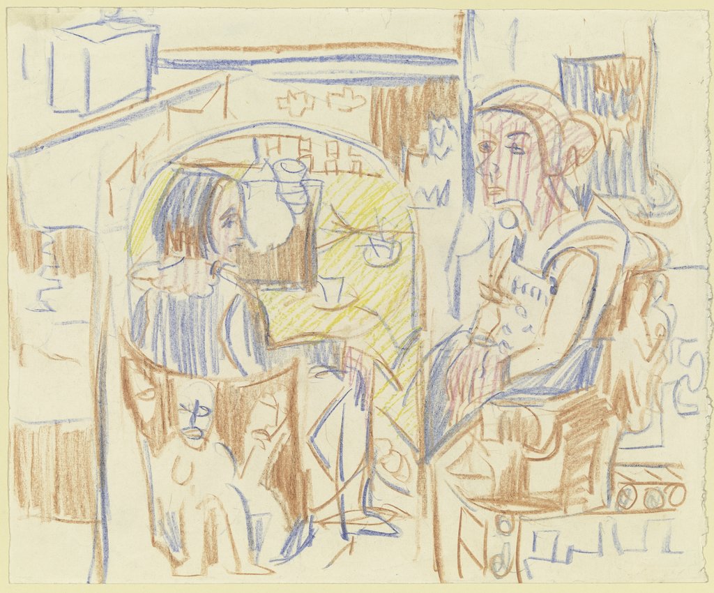 Zwei Frauen am Kaffeetisch in Kirchners Atelier, Ernst Ludwig Kirchner