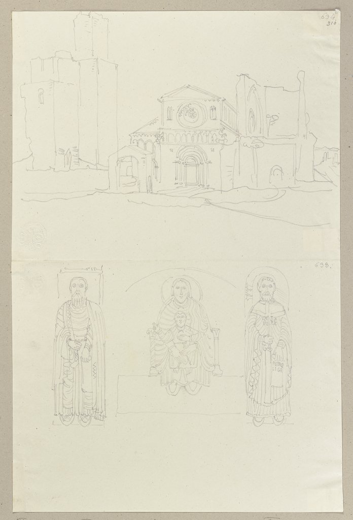 Ansicht der Kirche San Pietro in Tuscania sowie Relieffiguren an der Fassade von Santa Maria Maggiore in Tuscania, Johann Anton Ramboux