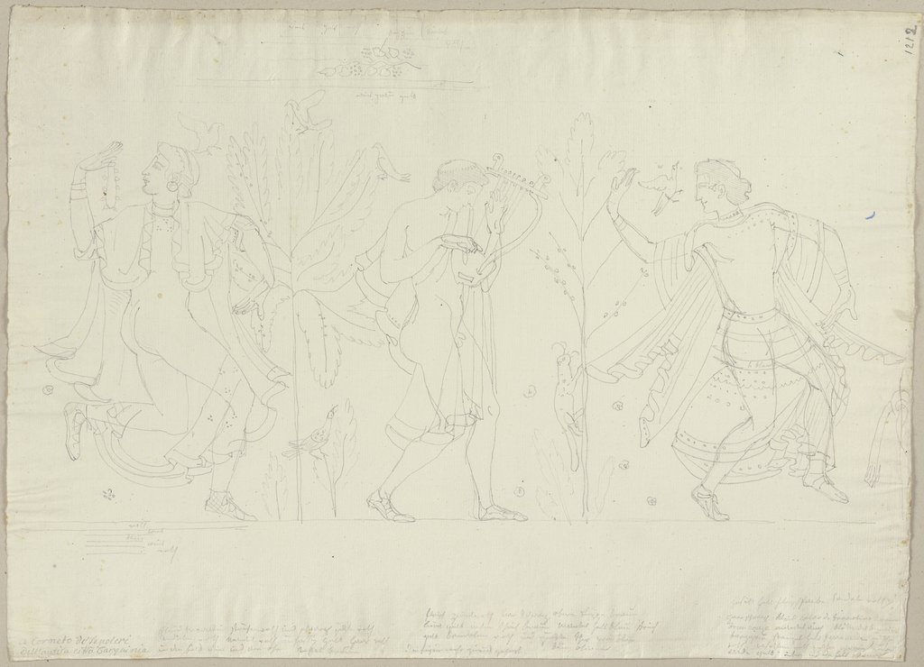 Zwei Tänzer und ein Leierspieler, nach einem Fresko (?) aus einem Grab bei Tarquinia, Johann Anton Ramboux
