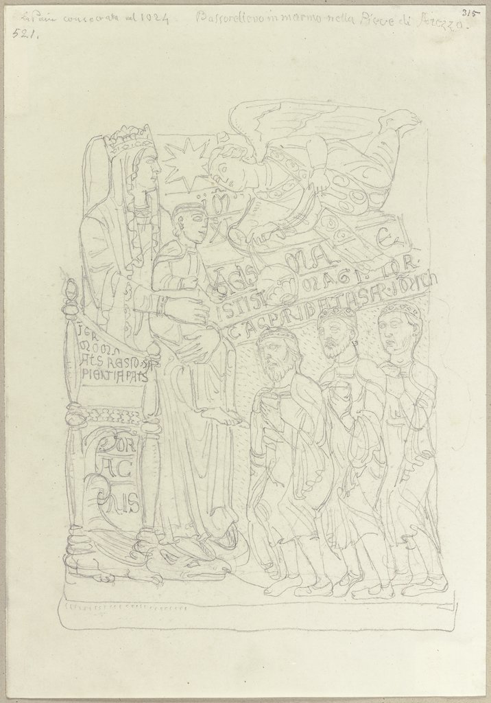 Relief mit der Anbetung der Könige in Santa Maria della Pieve in Arezzo, Johann Anton Ramboux, after Italian, 11th century;   ?