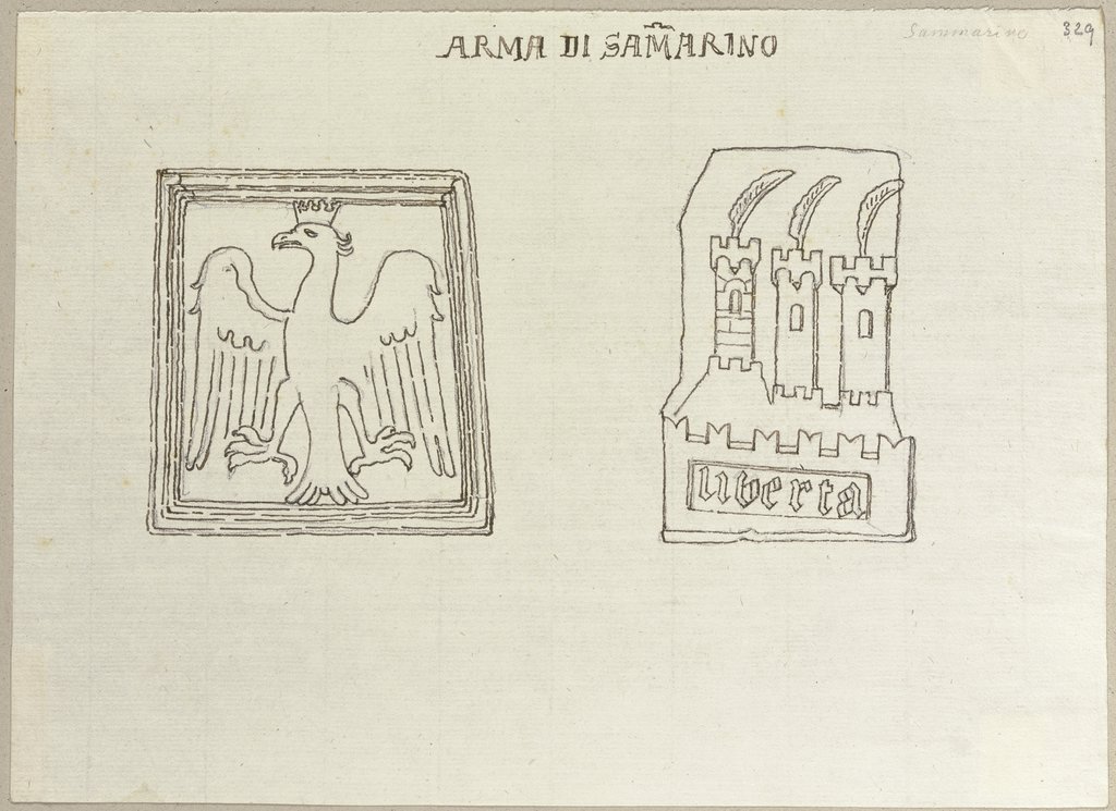 Wappen der Stadt und Republik San Marino etwa a. d. VIII Jahrhdt., Johann Anton Ramboux, after Italian, 8th century;   ?