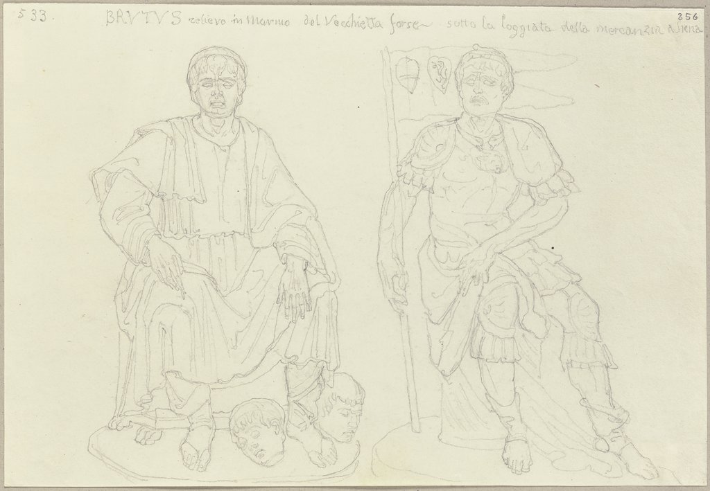 Zwei Statuen im Relief der Loggia della Mercanzia zu Siena, Johann Anton Ramboux, after Vecchietta