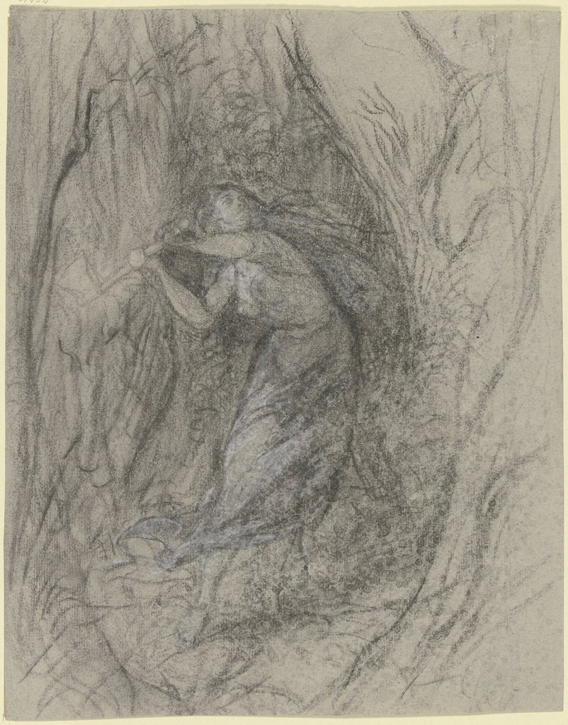Eine junge Frau im Walde, eine Axt schwingend, Victor Müller