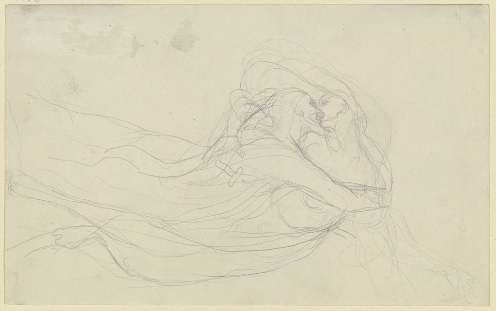 Schwebendes Paar in Umarmung, einander küssend (Dante und Beatrice?, Francesca und Paolo?), Victor Müller