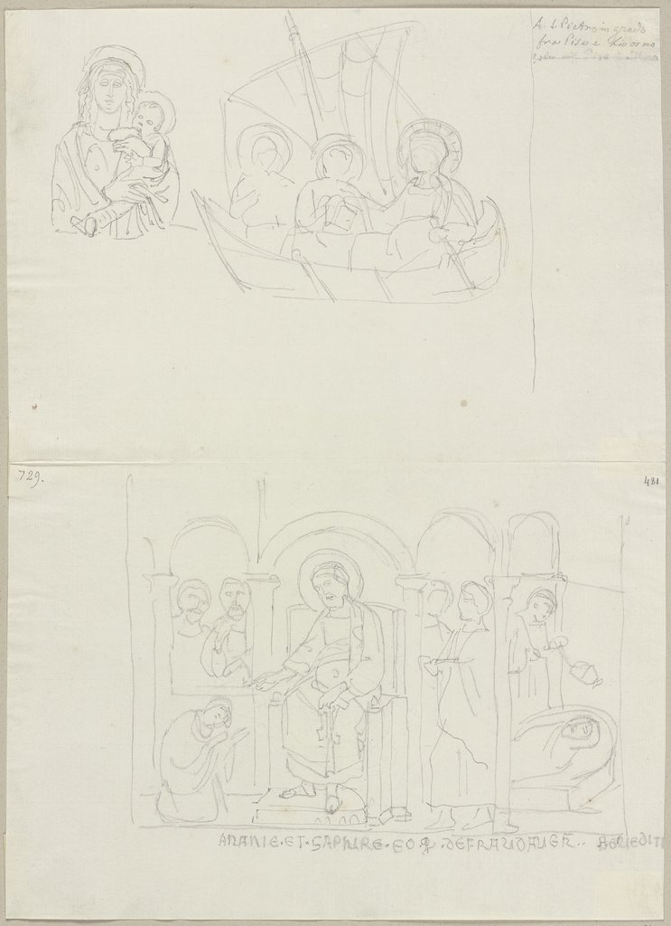 Madonna mit Kind sowie die Geschichte von Hananias und Saphira, nach Wandmalereien im Hauptschiff von San Piero a Grado in Pisa, Johann Anton Ramboux