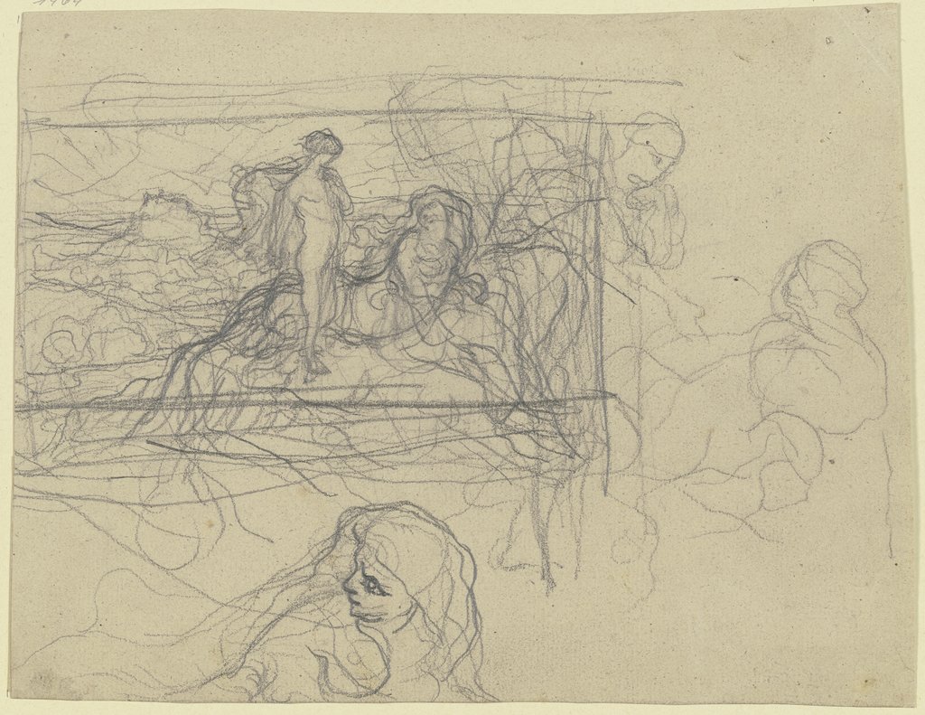 Stehender weiblicher Akt neben einer Sphinx in einer Landschaft, daneben Frauenköpfe, Victor Müller