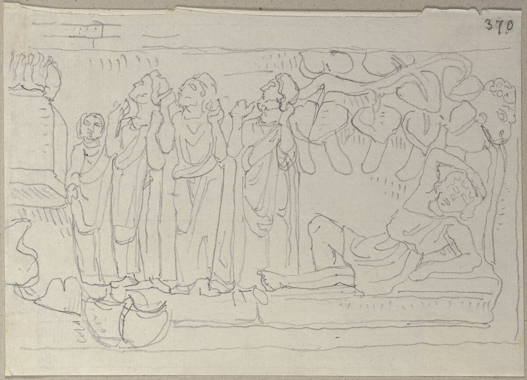 Grabstein christlicher Zeit, unter dem Portikus von Santa Maria in Trastevere zu Rom eingemauert, Jonas mit dem Untergang von Ninive, Johann Anton Ramboux
