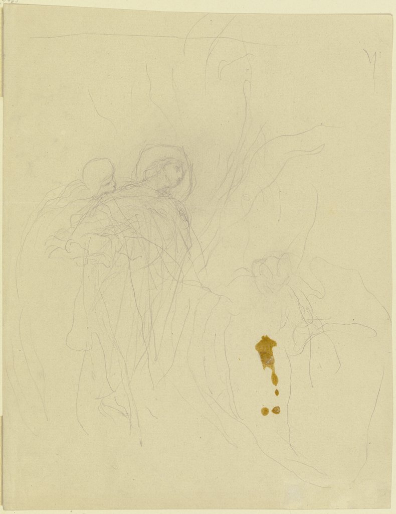 Links stehend ein Mann mit großem Hut, dem eine Gestalt über die Schulter blickt, vor ihnen eine dritte Gestalt, aus der Tiefe kommend (?), Victor Müller