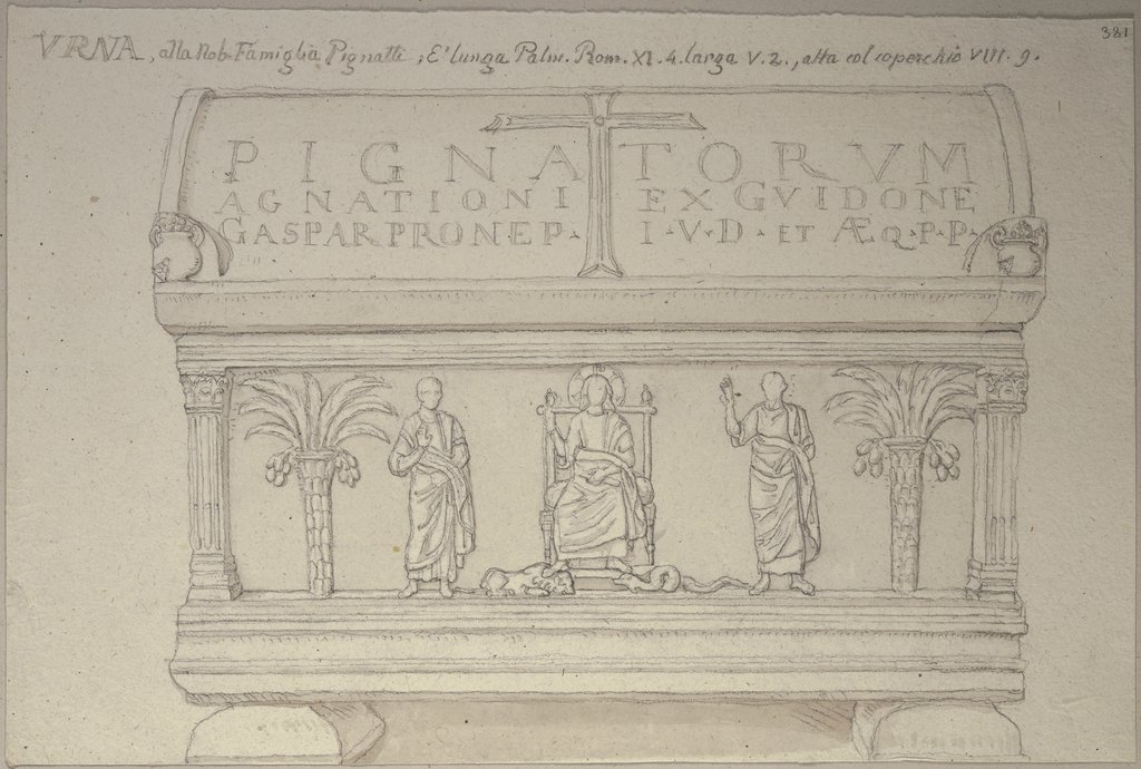 Die Frontseite der Graburne der Familie Pignatti in Ravenna, den thronenden Christus darstellend, Johann Anton Ramboux