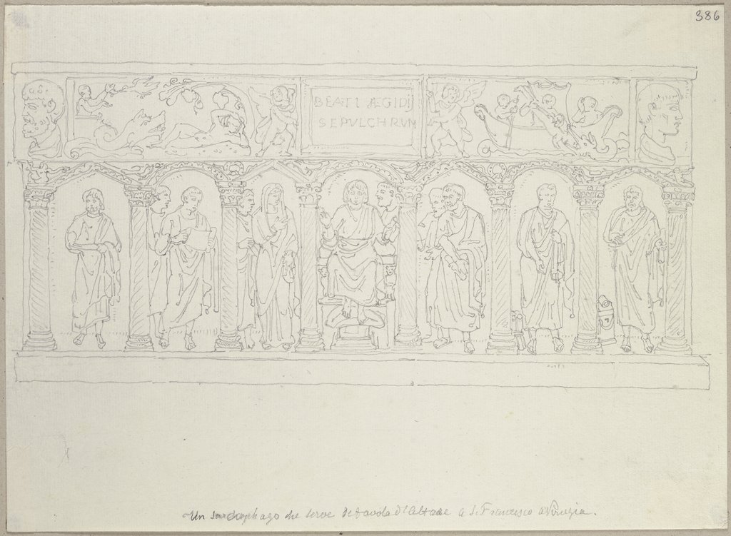 Sarkophag, der in San Francesco al Prato in Perugia als Altar dient, Johann Anton Ramboux