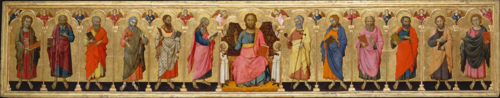 Altar retable painted on both sides with Christ Enthroned, the Twelve Apostles and Madonna and Child Enthroned with Saints, Meo da Siena;  and workshop