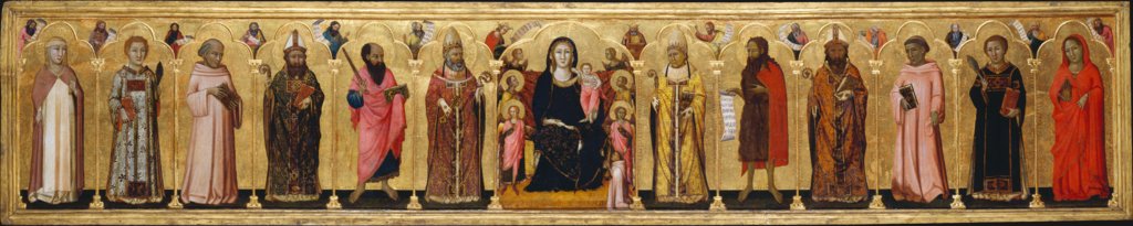 Thronende Madonna mit Kind, Engeln, zwölf Heiligen, Propheten und Stifter, Meo da Siena;  und Werkstatt