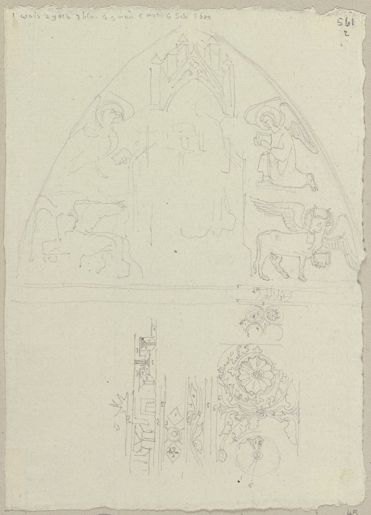 Fresko mit den vier Evangelistensymbolen in der Oberkirche von San Francesco in Assisi sowie eine Ornamentstudie, Johann Anton Ramboux