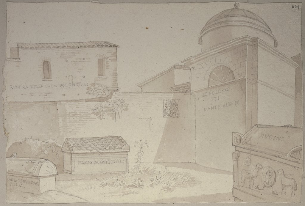 Dantes Grabmal und weitere Sarkophage auf dem Friedhof der San Francesco in Ravenna, Johann Anton Ramboux