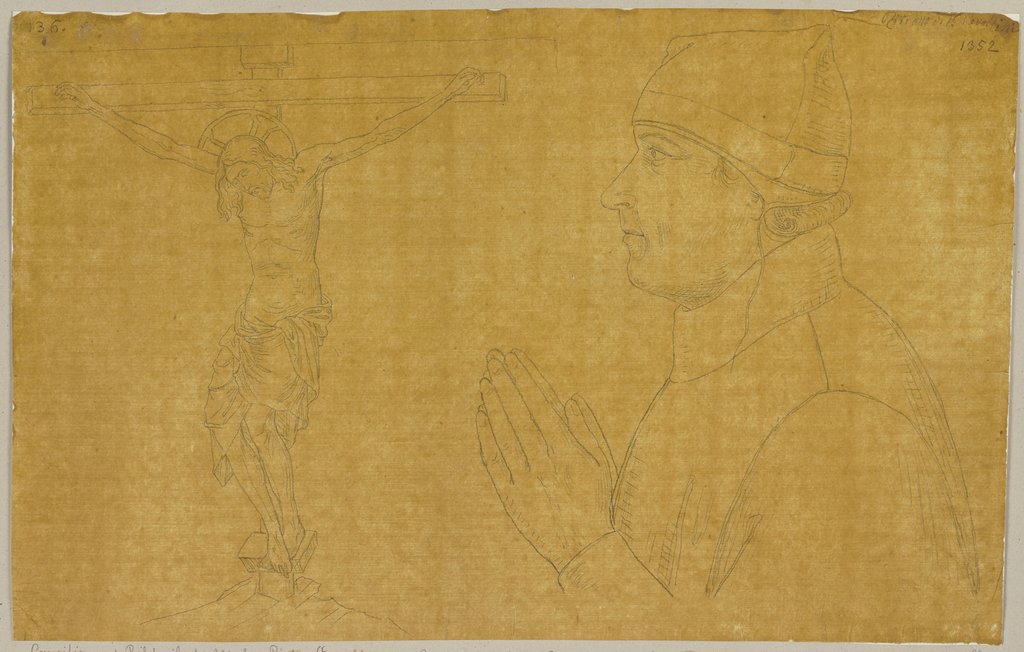 Kruzifix und Bildnis des Malers Pietro Cavallini aus Rom unter dessen Kreuzigung in San Francesco zu Assisi, Johann Anton Ramboux, nach Pietro Cavallini