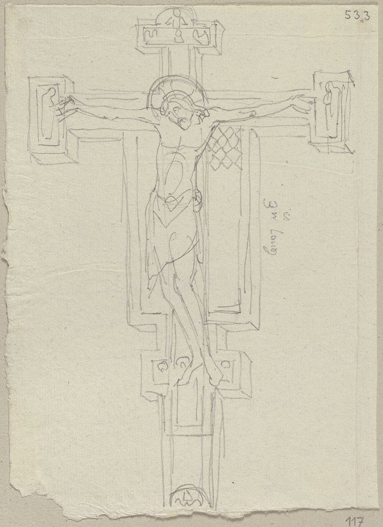Kruzifix aus Holz, Entwurf desselben im Chor von Santa Chiara zu Assisi, Johann Anton Ramboux, nach Giunta Pisano;   ?