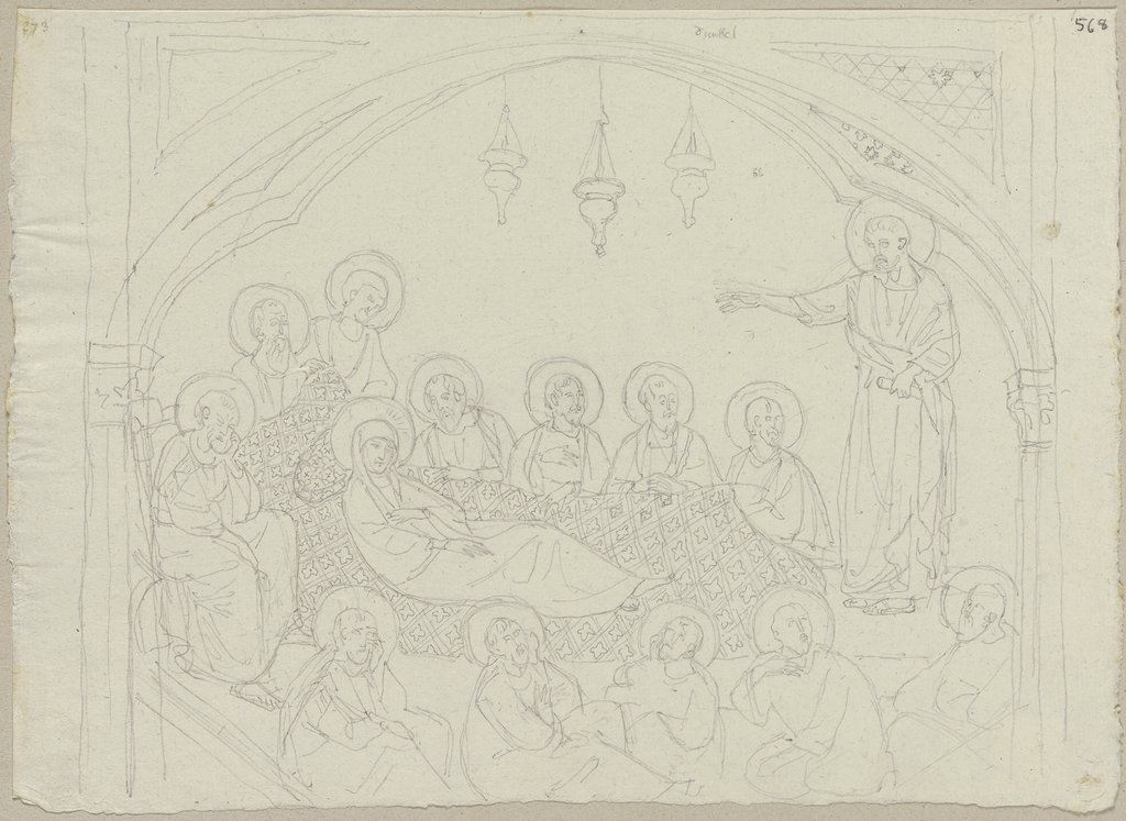Die sterbende Maria umgeben von den Aposteln - Wandgemälde, angeblich von Giunta Pisano, im Chor in der oberen Kirche von San Francesco in Assisi, Johann Anton Ramboux, after Giunta Pisano