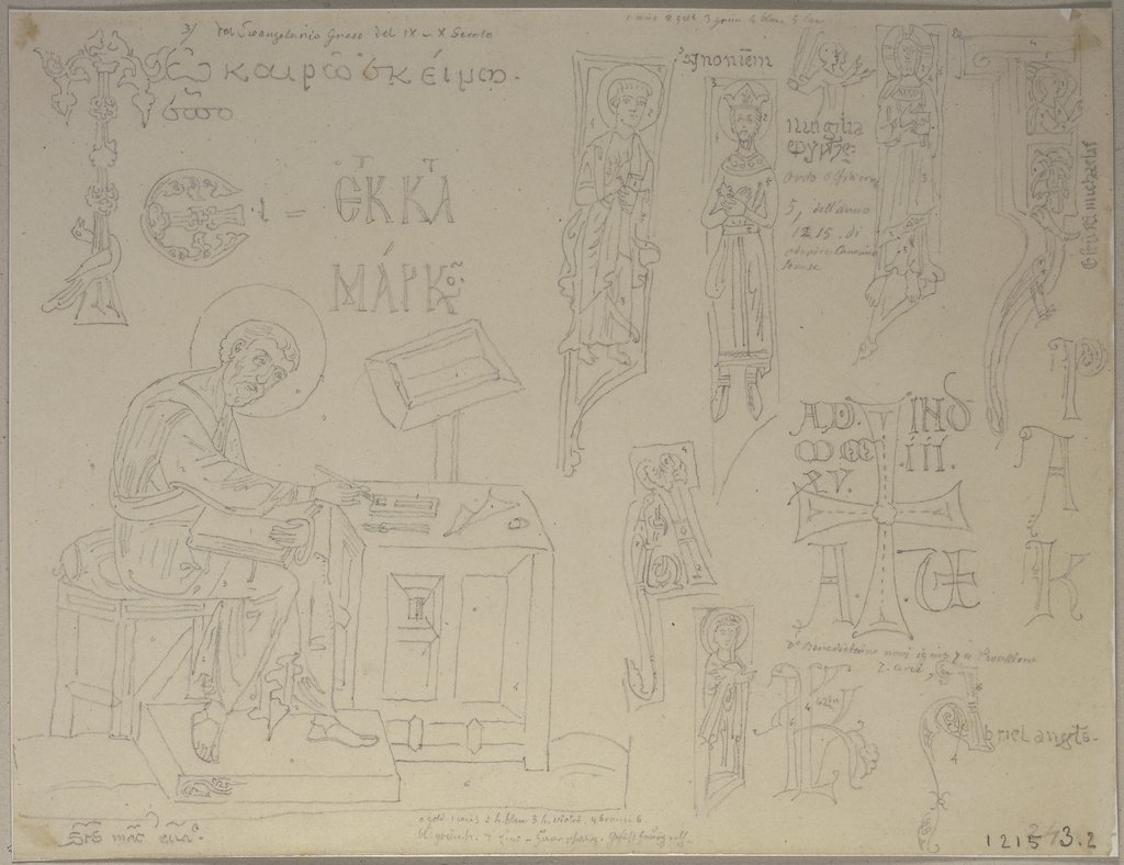 Abbildung des Heiligen Markus und von Initialen eines Evangeliars, welches sich in der Bibliothek zu Siena befinde und von griechischer Arbeit sei, Johann Anton Ramboux