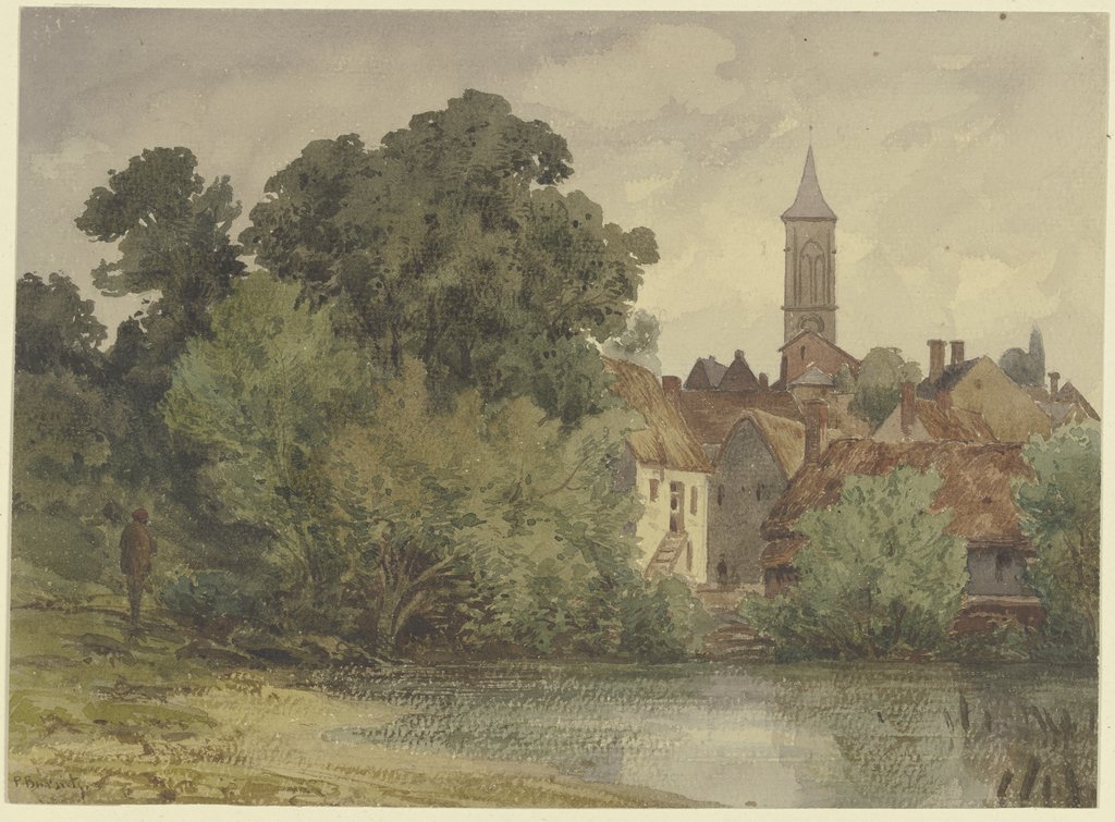 Weiher, dahinter Häuser eines Dorfes mit Kirchturm, Karl Peter Burnitz