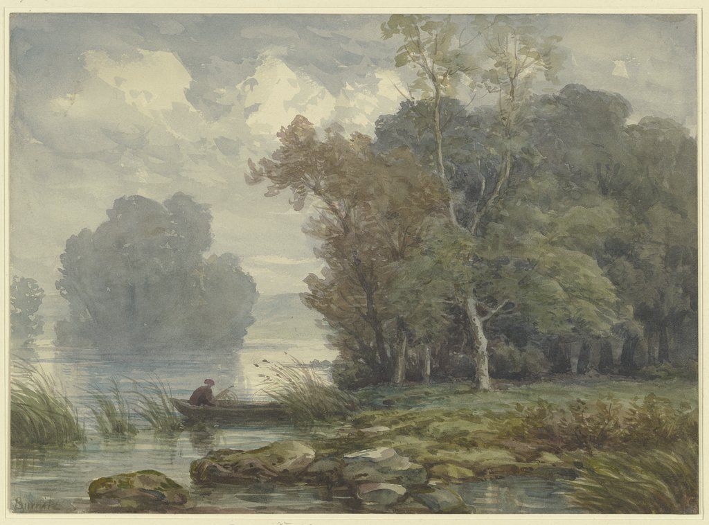Jäger in einem Kahn an waldigem Ufer, Karl Peter Burnitz