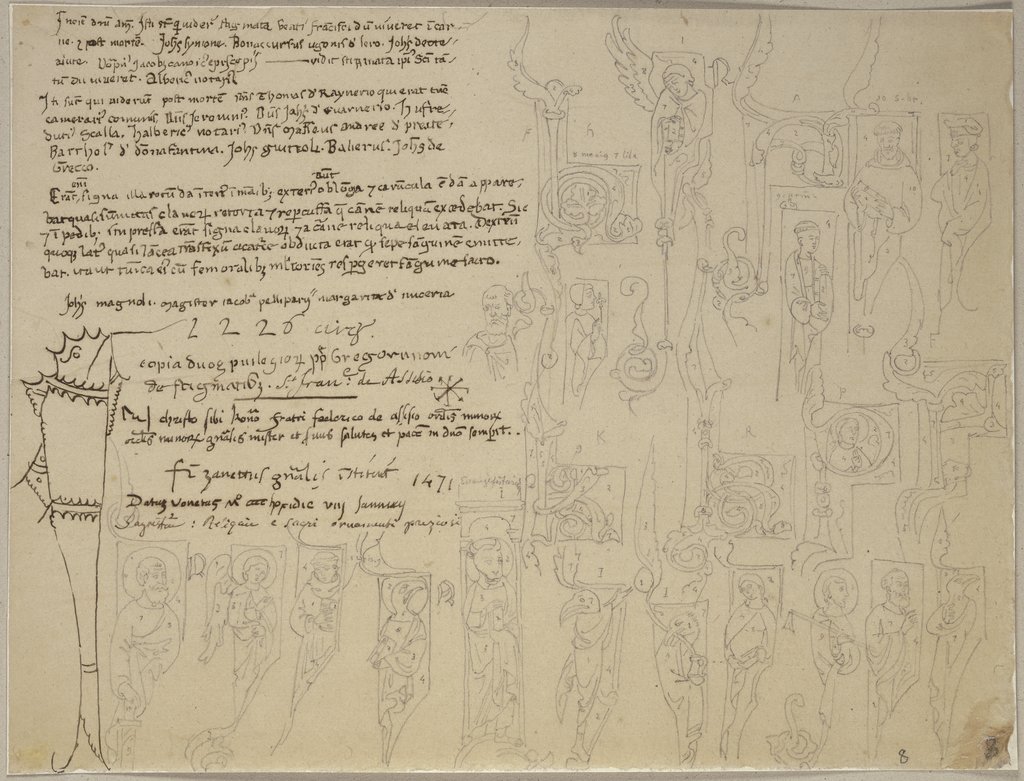 Initialen aus einem Buch aus dem Archiv zu Assisi sowie eine Nachschrift von Notizen zum Leben des heiligen Franziskus, Johann Anton Ramboux