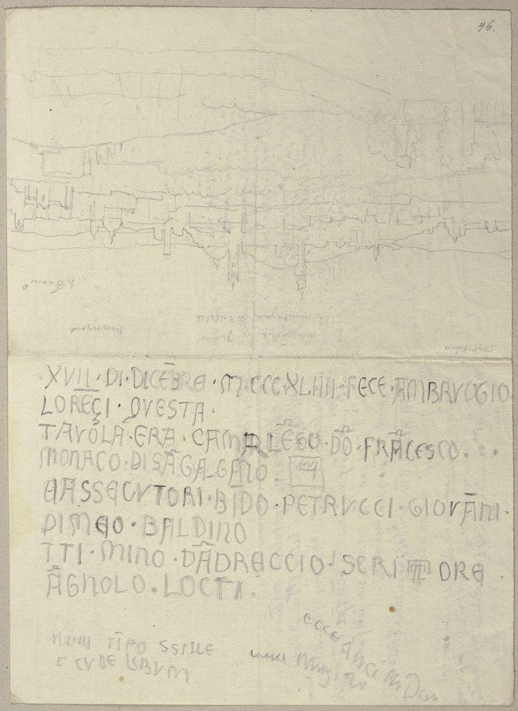 Skizzenhafte Ansicht von Siena sowie die Nachschrift einer Inschrift, Johann Anton Ramboux