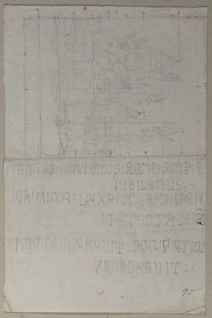 Eine schemenhafte Ansicht eines Gebäudes in Rom (?) sowie die Nachschrift einer Inschrift, Johann Anton Ramboux