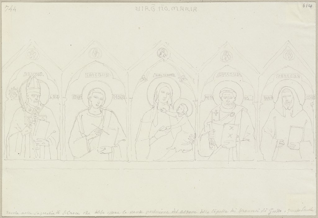 Tafel in der Sakristei von Santa Croce zu Florenz (?), möglicherweise die Rückwand des Altars in der Kapelle der Baroncelli, Johann Anton Ramboux, nach Giotto di Bondone