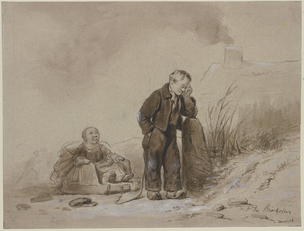 Knabe mit seiner im Schlitten sitzenden Schwester, beide weinend, Ferdinand de Braekeleer