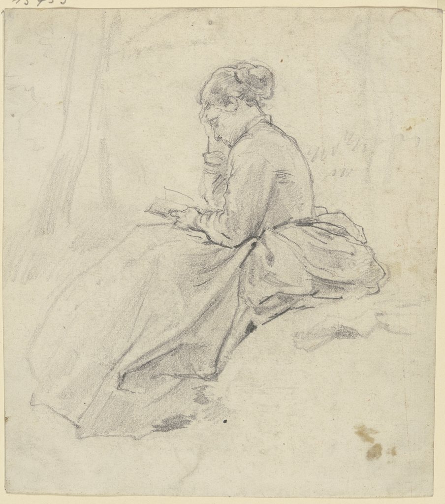 Sitzende Frau mit Buch auf einer Rasenbank, Philipp Rumpf