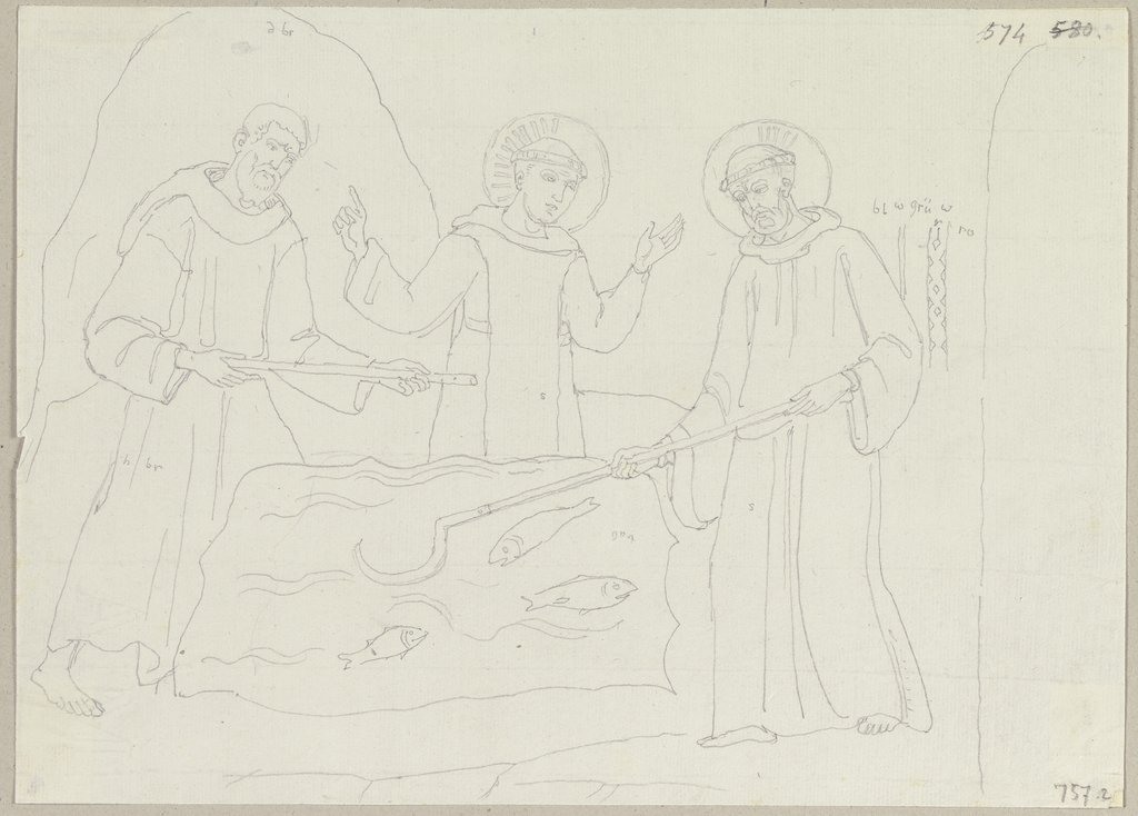 Benedikt von Nursia zieht ein Eisen dem Wasser heraus, aus der unteren Kirche von San Benedetto, Johann Anton Ramboux