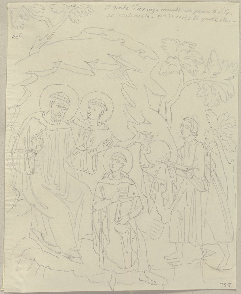 Die Nachzeichnung eines Frescos von Silvester I. aus dem vierzehnten Jahrhundert sowie einer Darstellung von Benedikt von Nursia aus dem elften Jahrhundert in San Benedetto bei Subiaco, Johann Anton Ramboux