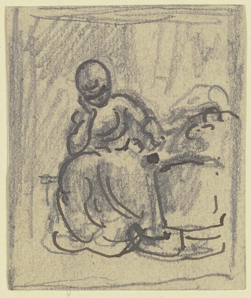Frau, mit aufgestütztem Kopf an einer Wiege sitzend, Philipp Rumpf