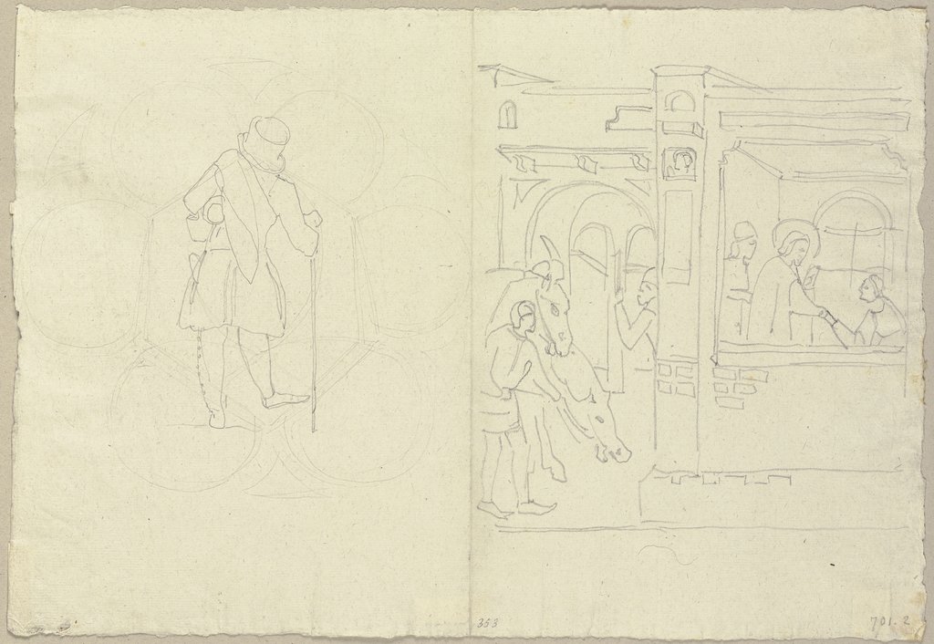 Links: Mann mit Gehstock von hinten; rechts: Skizze der Szene S. Katharina im Gefägnis bei der zehnten Christenverfolgung unter Dioclethan, Johann Anton Ramboux, after Pace da Faenza