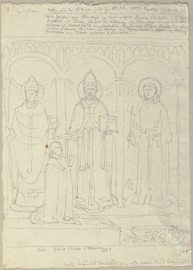 Der Stifter Kardinal Albernoz mit drei Heiligen in der Kapella der heiligen Katharina in S. Francesco zu Assisi, Johann Anton Ramboux, nach Pace da Faenza