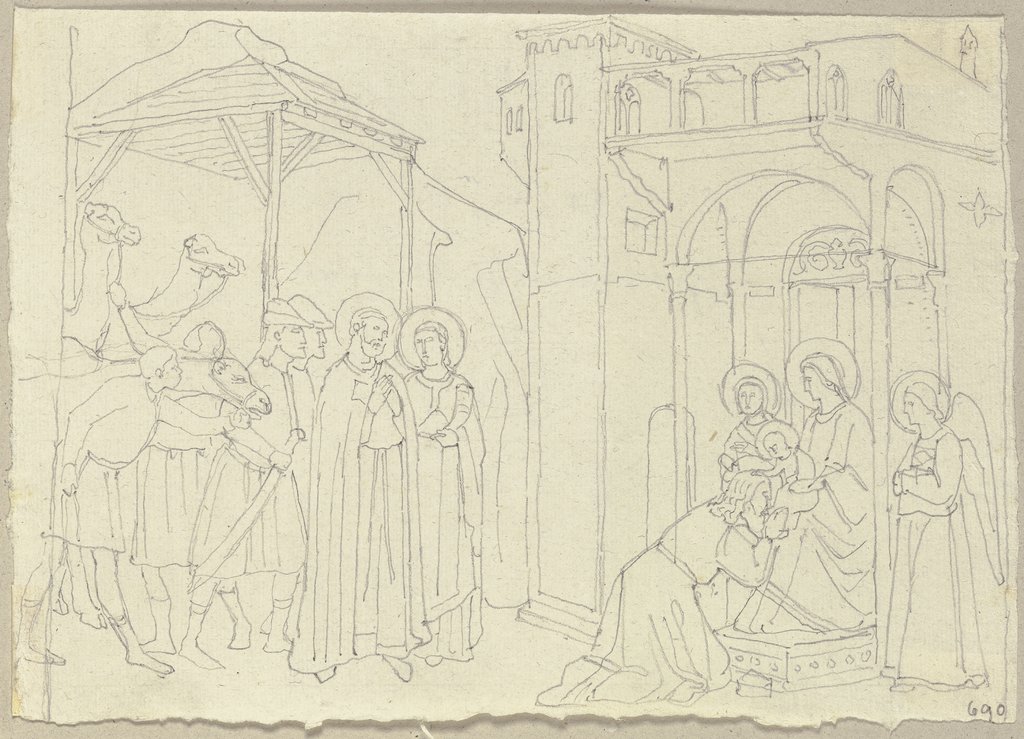 Anbetung der heiligen drei Könige, Fresko an der Decke des Gewölbes in der unteren Kirche von San Francesco in Assisi, Johann Anton Ramboux, nach Giovanni da Milano