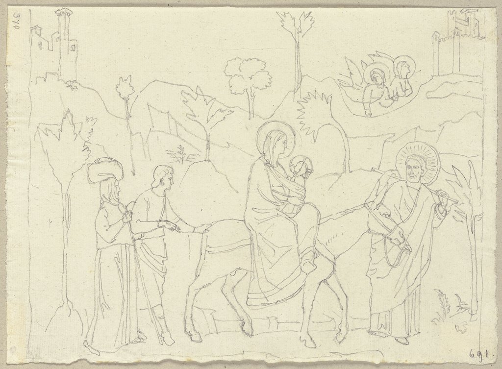 Flucht nach Ägypten, Fresko an der Decke des Gewölbes in der unteren Kirche von San Francesco in Assisi, Johann Anton Ramboux, after Giovanni da Milano