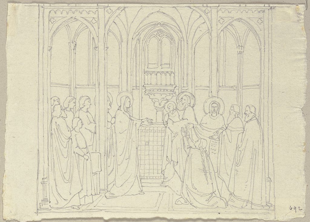 Maria und Jesu Christi im Tempel, Fresko an der Decke des Gewölbes in der unteren Kirche von San Francesco in Assisi, Johann Anton Ramboux, nach Giovanni da Milano