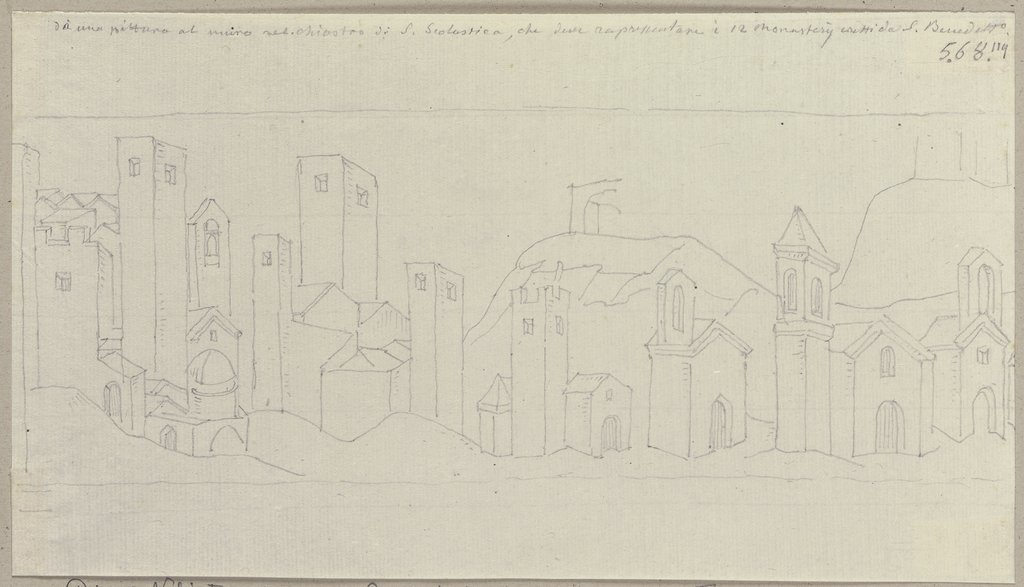 Die zwölf Kloster, die der heilige Benedikt von Nursia gebaut haben soll; nach einem Fresko im Klosterhof des Noviziats in Santa Scolastica bei Subiaco, Johann Anton Ramboux