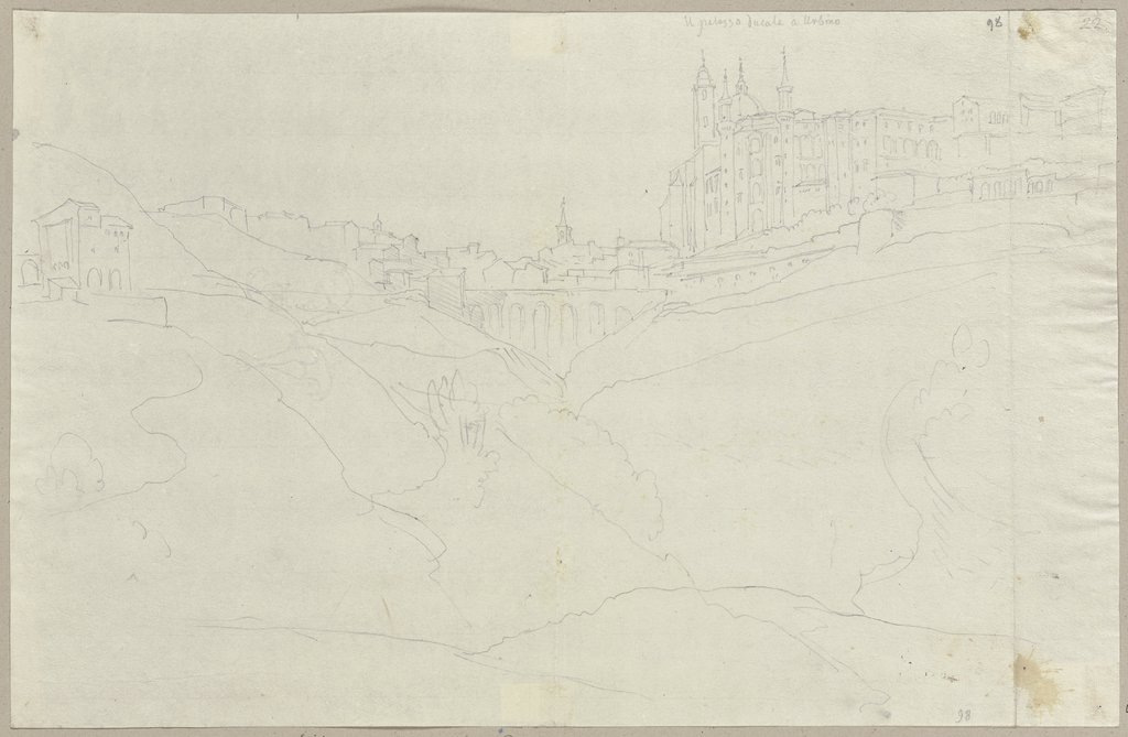 Urbino mit dem herzöglichen Schloss und der Verbindungsbrücke, Johann Anton Ramboux