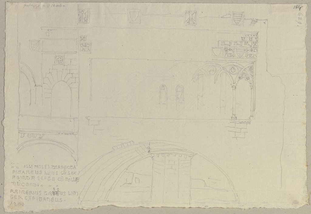 Ein Teil des Palazzo Vescovile zu Viterbo sowie die Nachschrift einer Inschrift, Johann Anton Ramboux