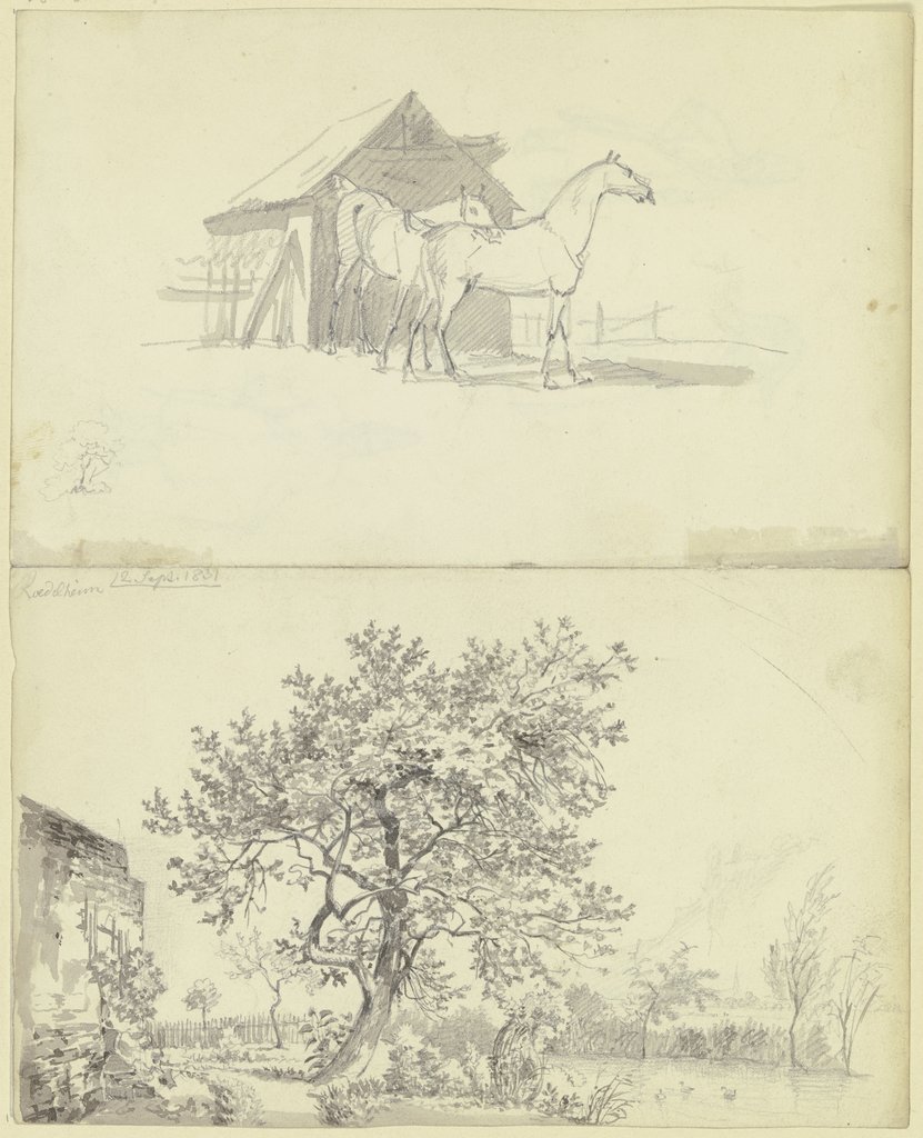 Zwei Pferde vor einem Stall; Garten an einem Wasserlauf bei Rödelheim, Carl Morgenstern